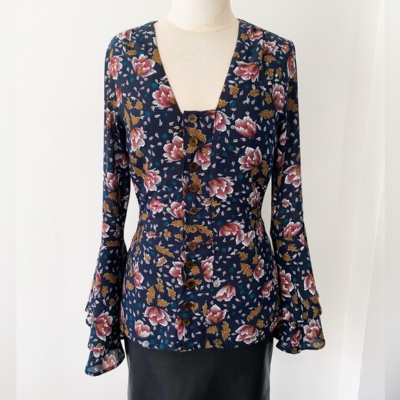 Hommage From Los Angeles Women’s Floral Blouse, Navy Blue, Size Small - Picture 1 of 12